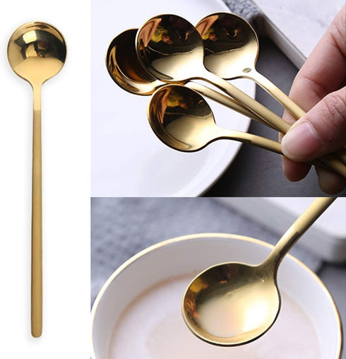6 Pcs Coffee Spoons Stainless Steel Tea Spoons Round Dessert Spoons Long Handle Spoons for Hot Chocolate Ice Tea Latte Dessert Espresso Golden...