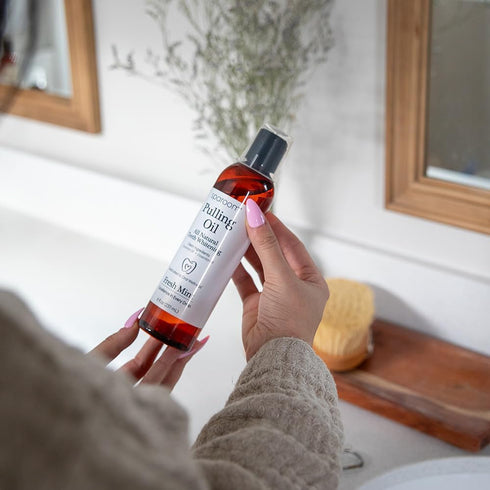 SpaRoom Ayurveda Pulling Oil Mouthwash and Tongue Scraper; Made with Coconut Oil and 7 Essential Oils for Fresh Breath, Teeth Whitening and Gum He...