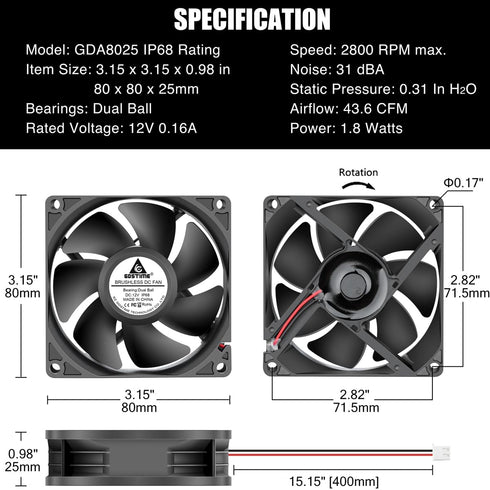 GDSTIME 80mm x 25mm 12V IP68 Waterproof Exhaust Fan Small Brushless DC Cooling Computer Case Fan 2 Pin Dual Ball Bearings for RV Fridge Ventilatio...