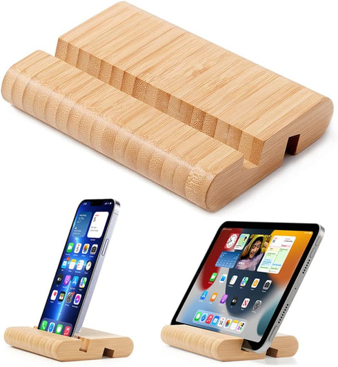 Bamboo Cell Phone Stand Wooden Tablet Stand for Desktop, Wood Cell Phone Holder Desk Tablet Holder Mobile Stand for iPhone iPad Tablets and All Ph...
