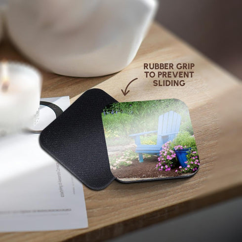3D Rose Garden with Blue Adirondack Chair and Pot of Flowers Soft Coasters, Multicolor...
