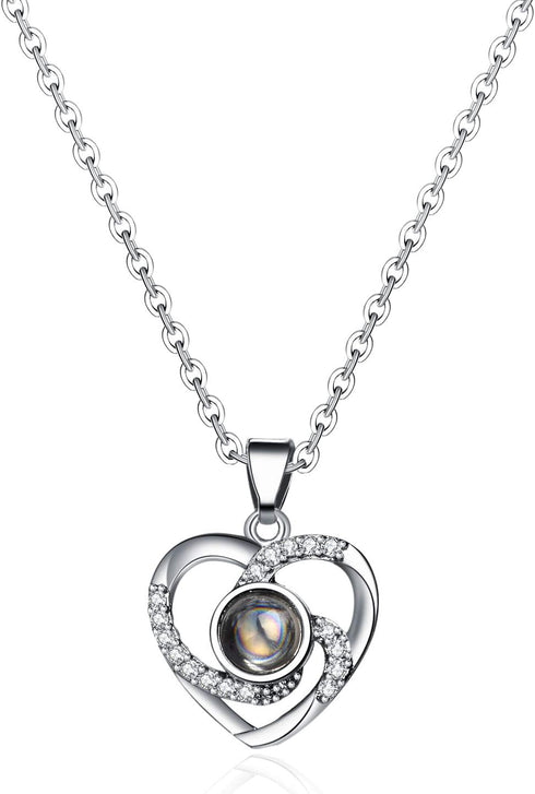 NW 2 pcs Pendants i love you necklace in 100 languages Projection Heart Pendant necklace for women mother with led light heart gift box SLIVER...