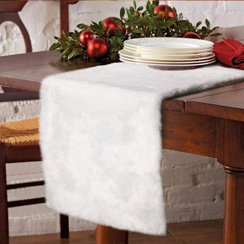 AerWo Faux Fur Christmas Table Runner, Winter Snowy White Table Runner for White Christmas Holiday Table Decoration 72 x 15 Inch...