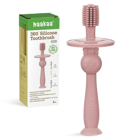 haakaa 360° Baby Toothbrush with Suction Base - Gentle Cleaning for Infant Self-Brushing Training, Food-Grade Silicone, Adjustable Safety Shield -...