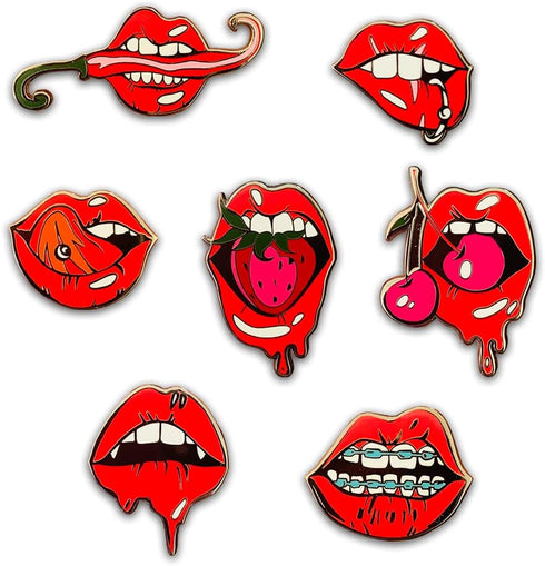 Red Lips Brooch Enamel Pins for Crafts Set Chili Tongue Women Girls - 7 Catching Souls - Pack of 7 pcs...