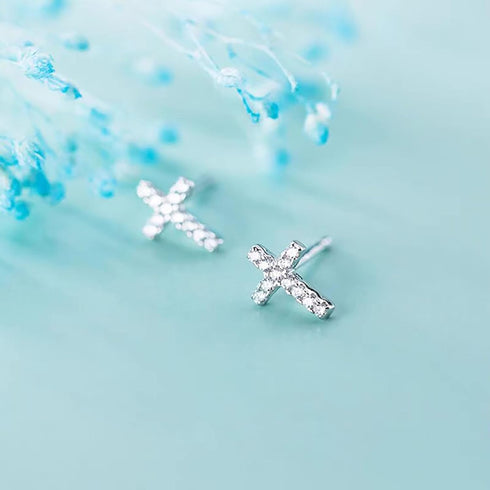 14K White Gold Plated Small Cross Silver Stud Earrings, Hypoallergenic Pave CZ Tiny Cross Stud Earrings for women...