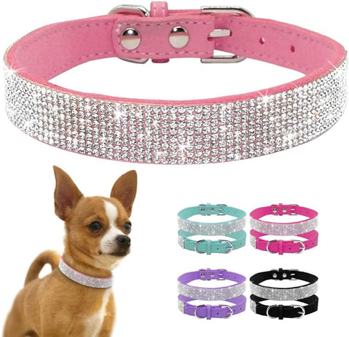 Rhinestone Dog Collar, Cute Dazzling Sparkling Soft Suede Leather Dog Cat Rhinestone Collar Crystal Diamond Pet Dog Puppy Collar...