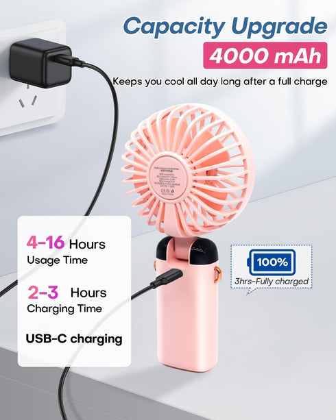 Portable Handheld Fan, 4000mAh Battery Operated Hand Fan with LED Display, 90°Foldable Hand Held Fan with Base, USB Rechargeable Fan for Outdoor I...