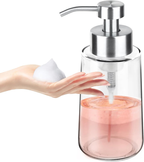 BabyElf Clear Glass Foaming Soap Dispenser with Rust-Proof Stainless Steel Pump, Refillable Liquid Wide Opening Hand Soap Dispenser for Bathroom &...