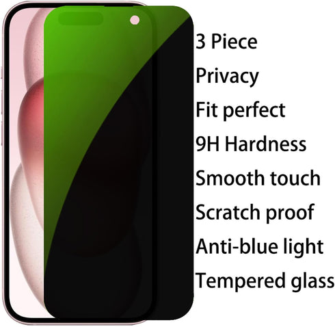 3 PCS Anti-Blue Privacy Tempered Glass for iPhone 15 Plus Anti-Spy Screen Protector Anti-Peeping Film 9H Hardness Anti-scratch 6.7 inch (Green)......