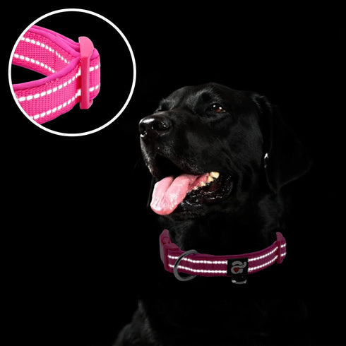 azuza Reflective Dog Collar,Soft Neoprene Padded Pet Collar with ID Tag Ring,Adjustable for Large Dogs,Hot Pink,L...