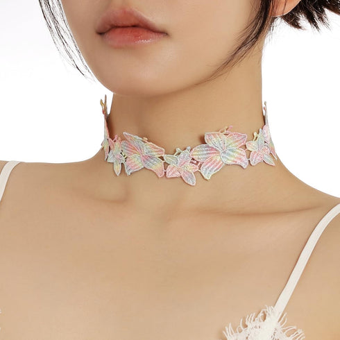 Boho Flower Lace Choker Necklace Colorful Hollow Lace Tattoo Choker Necklace Retro Thin Tulle Collar Rose Star Flower Collarbone Chain Jewelry for...