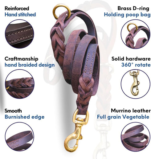 Leather Dog Leash, Strong Heavy Duty Genuine Leather Braided Dog Training Leash, Soft and Comfortable Leather Leash for Large Dogs, Medium Small D...
