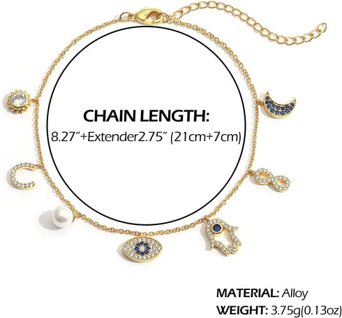 SLOONG Evil Eye Bracelet Anklet Hamsa Hand Bracelet 14K Gold Plated Dainty Bracelet Anklet White Blue Cz Pendant Bracelet Anklet for Women, Adjust...