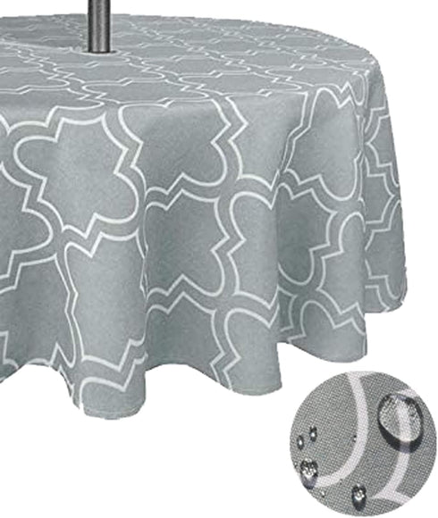 Tektrum 60 inch Round Moroccan Quatrefoil Outdoor Tablecloth with Umbrella Hole and Zipper, Zippered Table Cover - Spill Proof/Waterproof - for Pa...