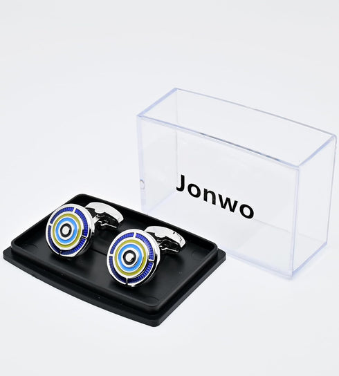 Round Silver Men's Cufflinks with Blue Circle In Gift Case Metal Cuff Links for Men Jewelry for Wedding Party Business Birthday Anniversary Dress...
