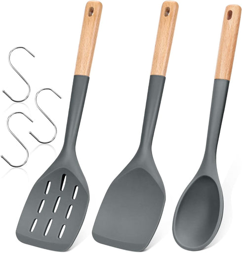 Pack of 3 Silicone Spatula, Non Stick Cooking Utensil Set, Wooden Handle Kitchen Turner for Baking Mixing Grilling Serving Food Heat Resistant, Gr...
