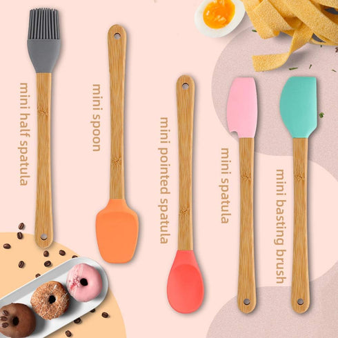 5 Piece Silicone Spatula,Mini Rubber Spatula Wooden Handle,Heat Resistant Silicone Spatula Set,Kitchen Utensils Non-Stick For Baking,Cooking And M...
