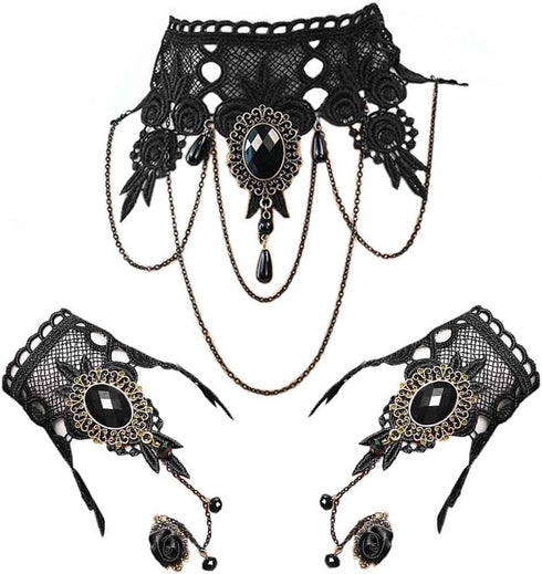 Black Choker Lace Necklace with Bracelet Set Punk Party Gothic Vintage Handmade Lolita Retro Bracelet Wristband for Women...