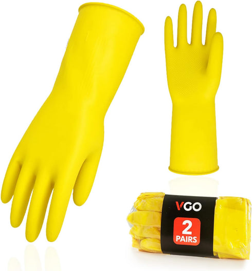 Vgo... 2-Pairs Reusable Household Gloves, Rubber Dishwashing gloves, Extra Thickness, Long Sleeves, Kitchen Cleaning, Working, Painting, Gardening...