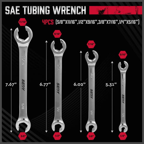 4-Piece Flare Nut Wrench Set - SAE Brake Line Wrench 1/4, 5/16, 3/8, 7/16, 1/2, 9/16, 5/8, 11/16-inch, Professional Offset Heads, Portable Organiz...