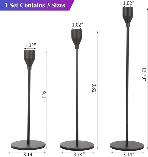 Set of 3 Black Candlestick Holders - Decorative Taper Candle Holders for Home Decor, Wedding, Dining, Party, Anniversary...