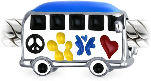Inspirational Symbol Of World Round Peace Sign Retro 1960s Peace Love Hippie Volk Wagon Van Bus Dangle Charm Bead For Women Teen Two Tone Gold Pla...