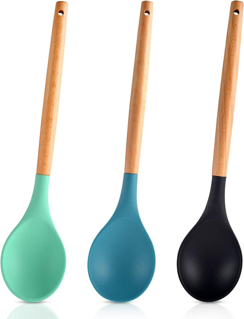 3 Pcs Large Silicone Spoon Wooden Handle Wood Handle Mixing Spoons Silicone Mixing Spoon for Cooking Baking Stirring Silicone Spoons Nonstick Heat...