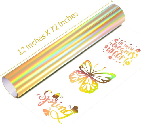GIRAFVINYL Gold Holographic Heat Transfer Vinyl,Soft Foil Iron on Vinyl - 12” x 6 FT Easy to Weed Gold HTV Vinyl for T-Shirt and Other Fabric...