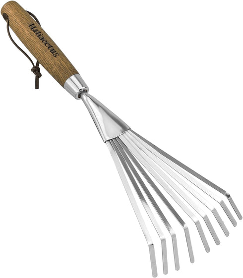 Garden Hand Rake, 14.6'' Small Hand Rake for Tight Areas, 9 Tines Stainless Steel Garden Rake with Ergonomic Wood Handle for Clearing Leaves and L...