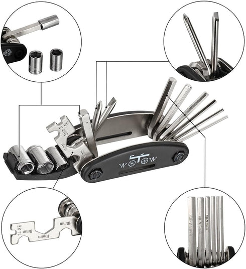 WOTOW Bike Repair Tool Kit - 16 in 1 Bicycle Multitool Portable Mountain Bike Tool Cycling Maintenance, Bike Hex Key Wrench & Bike Tube Patch Kit ...