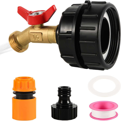 IBC Tote Adapter, 275-330 Gallon IBC Bag Tank Fittings 2.44in Fine Thread Tote Valve Brass Hose Faucet Valve with Garden Hose Quick Connector for ...