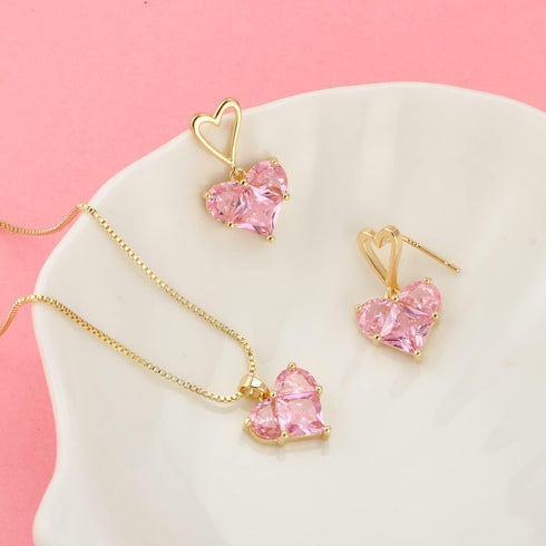 Pink Heart Necklace Earrings Cubic Zirconia Heart Wedding Necklace Earrings Set Bridesmaid Bride Pendant Necklace Earrings for Women(A-Gold,Pink)...