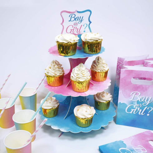 Gender Reveal Cupcake Stand Gender Reveal Party Favors Blue and Pink 3 Tier Cardboard Cake Stand for Girl Boy Party Decorations...