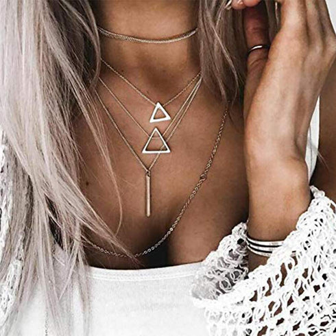 Bohemia Layered Choker Necklace Silver Triangle Necklace Bar Necklace Geometric Necklace Bohemian Jewelry for Women and Girls...