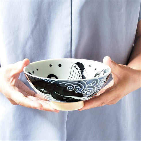 Minorutouki Rice Bowl Extra Large White Wave Whale Blue ?5.8×H2.6in 7.76oz Made in Japan...