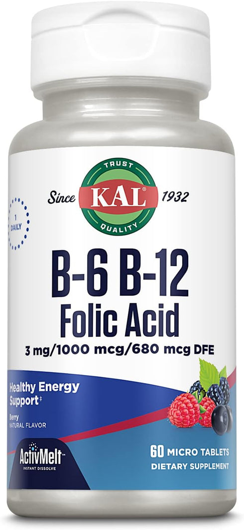 KAL Vitamin B-6, B-12 & Folic Acid Supplement, Heart Health, Energy & Red Blood Cell Support*, with Vitamin B12 Methylcobalamin & Folate, Natural ...