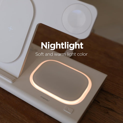 mooas 3 in 1 Wireless Charging Station, 15W Fast Wireless Charger Nightlight, Multiple Wireless Charging Stand Dock for iPhone 15/14/13/12/11/XR/X...