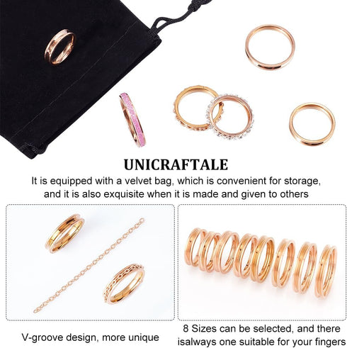 UNICRAFTALE 16Pcs 8 Sizes Titanium Steel Ring Blanks Rose Gold Grooved Finger Ring Settings Ring Core Blank for Resin Round Empty Rings Blanks for...