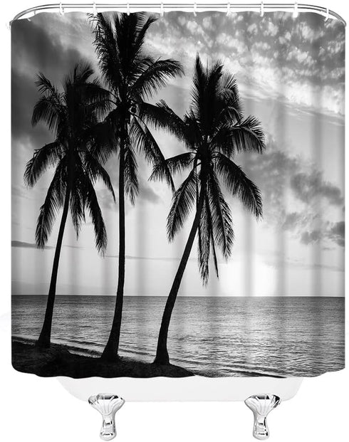 Ocean Beach Shower Curtain Tropical Palm Tree Landscape Black and White Sea Summer Seaside Scene Coastal Island Hawaii Nature Fabric Bath Curtain ...