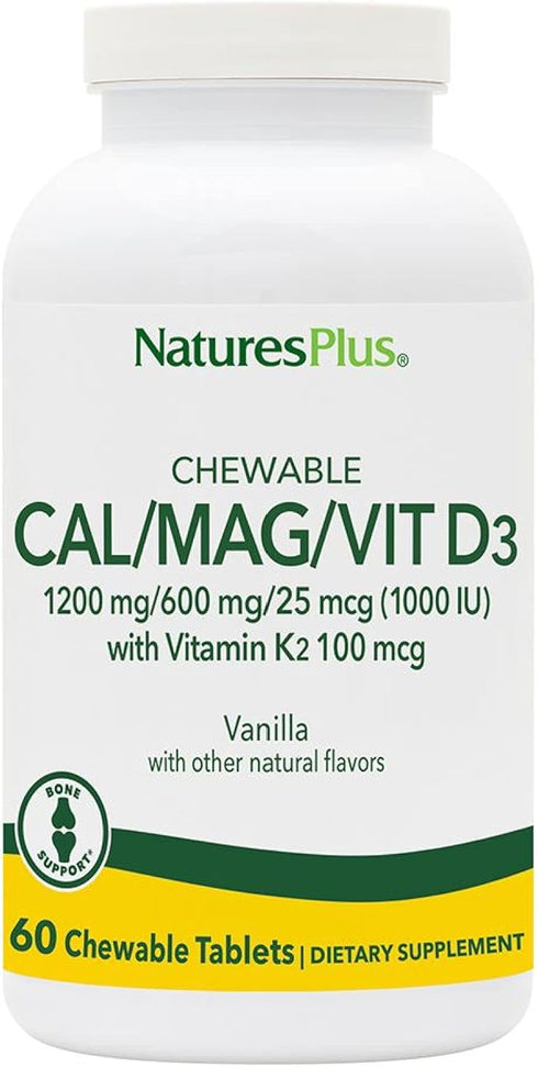 NaturesPlus Chewable Cal/Mag/VIT D3 with Vitamin K2 - 60 Chewable Tablets - Vanilla Flavor - Bone Health Supplement with Calcium , Magnesium , Vit...