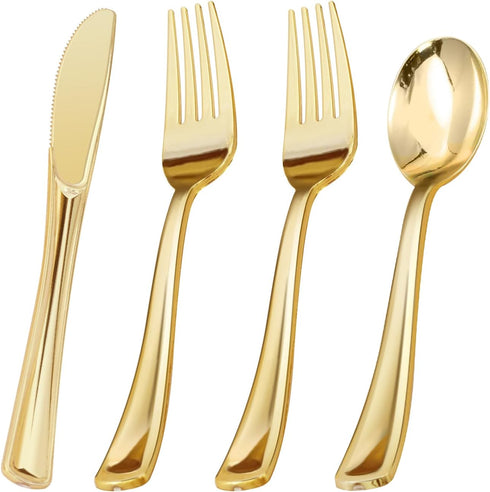 60PCS Gold Plastic Silverware, Gold Disposable Utensils, Heavy Duty Cutlery Set of 30 Gold Forks, 15 Gold Spoons, 15 Gold Knives for Parties, Wedd...