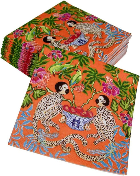 Caspari Monkeys Paper Cocktail Napkins in Orange - Two Packs of 20...