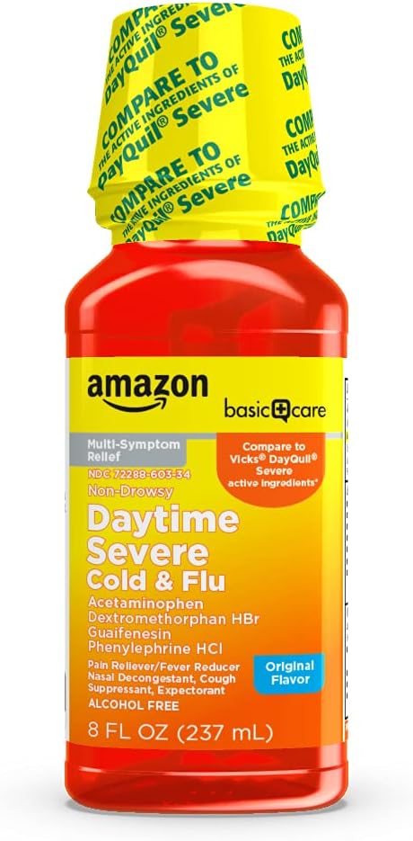 Amazon Basic Care Severe Daytime Cold & Flu, Maximum Strength Liquid Medicine, Relieves Aches, Pain, Fever, Cough, Nasal & Chest Congestion, Sore ...