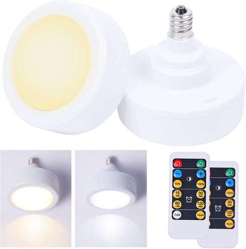 E12 Base Battery Operated Light Bulb with Remote, 2 Pack 3 AAA Battery Powered LED Light Bulbs, Dimmable Screw in Puck Light with Timer for No Har...