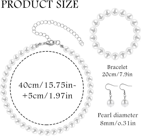 Faux Pearl Jewelry Set Simulated Pearl Necklace Bracelet Earrings for Women Birthday Christmas Gift...