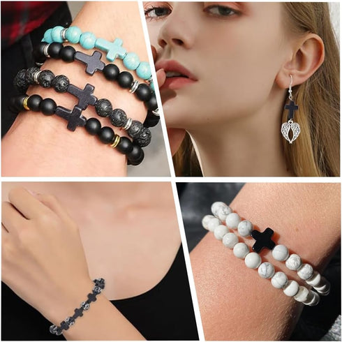 SUNNYCLUE 1 Box 90Pcs Black Cross Beads 3 Sizes Small Stone Cross Bead 10/16/20mm Mini Tiny Synthetic Turquoise Gemstone Beads Charms Easter Holid...