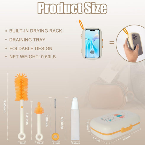 baby bottle brush 7in1 travel bottle cleaner kit with Bottle Brush,Nipple Brush,Straw Cleaner Brush,Soap Dispenser,Bottle Drying Rack,Drainage Tra...