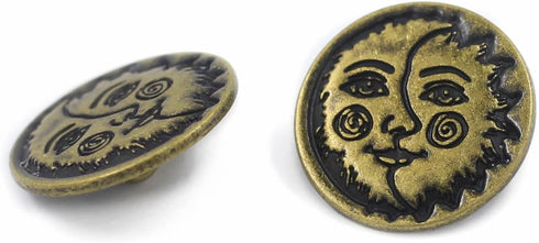 Bezelry 12 Pieces Sun Moon Face Symbol Metal Shank Buttons. 20mm (3/4 inch) (Antique Brass)...