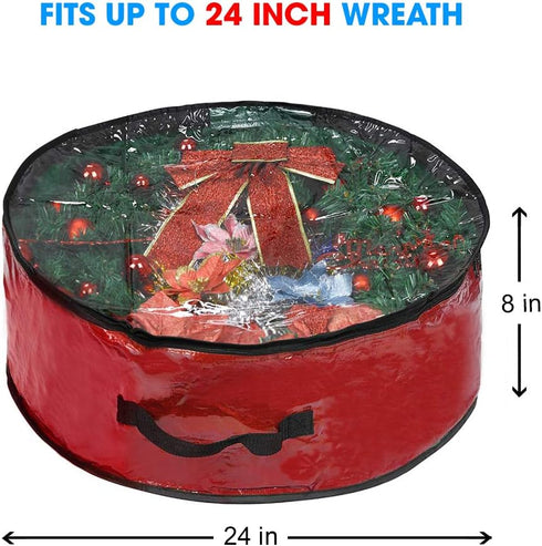 Propik Christmas Wreath Storage Bag 24" - Garland Holiday Container with Clear Window - Tear Resistant Fabric - 24" X 24" X 8" (Red)...